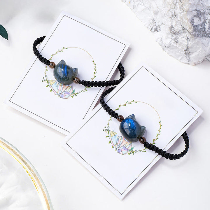 Buddha Stones Cute Cat Head Charm Natural Labradorite Rope Healing Change Bracelet - image 7