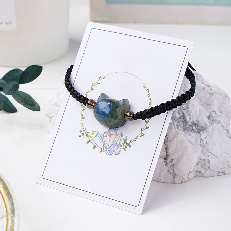 Buddha Stones Cute Cat Head Charm Natural Labradorite Rope Healing Change Bracelet - Labradorite(Wrist Circumference: 13-15cm) - image 1