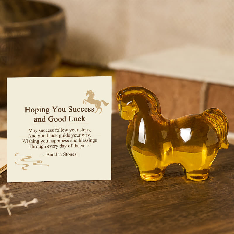 Buddha Stones "Hoping You Success and Good Luck" Year Of The Horse Carved Mini Liuli Crystal Art Piece Decoration Includes Gift Message Card - Golden Yellow 8*7cm - Standard Gift Box - image 0