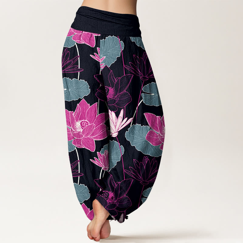 Buddha Stones Pure Cotton Retro Lotus Flowers Leaves Pattern Women's Elastic Waist Harem Pants - image 1