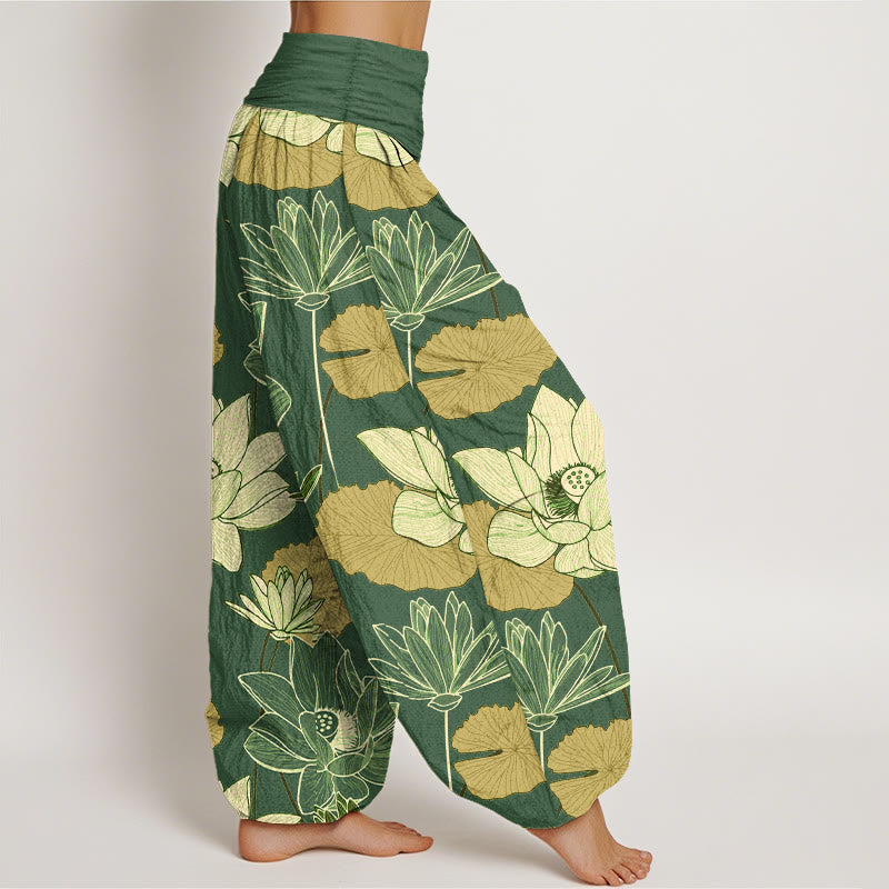 Buddha Stones Pure Cotton Retro Lotus Flowers Leaves Pattern Women's Elastic Waist Harem Pants - image 10