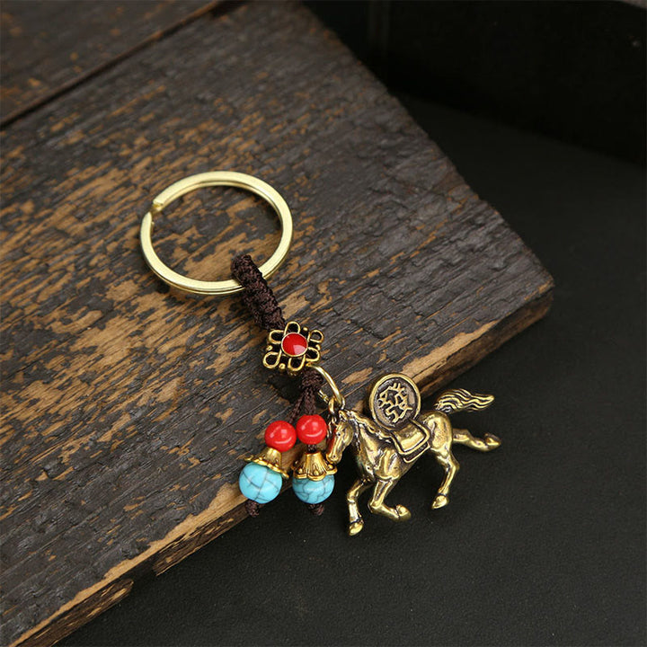 Buddha Stones Year Of The Horse Copper Brass Five-Emperor Coins Red String Wealth Key Chain - Brown String Blue Bead Horse - image 0