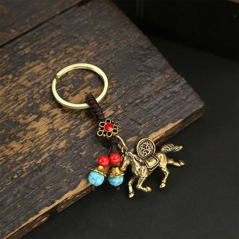 Buddha Stones Year Of The Horse Copper Brass Five-Emperor Coins Wealth Key Chain - Brown String Blue Bead Horse - image 0