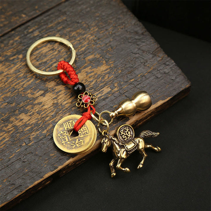 Buddha Stones Year Of The Horse Copper Brass Five-Emperor Coins Red String Wealth Key Chain - Five-Emperor Coins Red String Horse - image 3