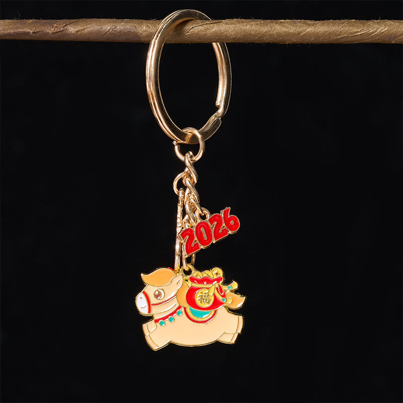 Buddha Stones "Hoping You Have a Joyful Year" Year of the Horse Lantern Copper Coin Fu Character Lucky Money Bag Alloy Key Chain Includes Gift Message Card - image 14