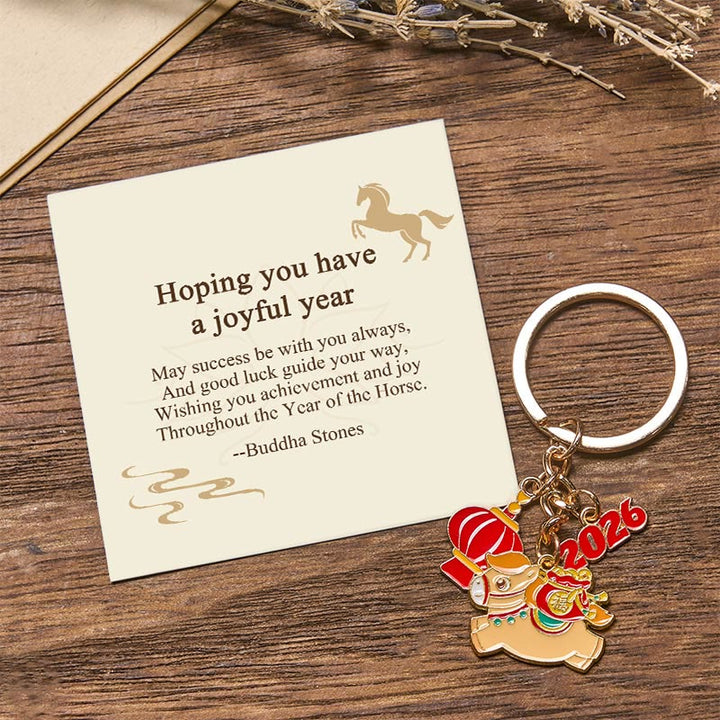 Buddha Stones "Hoping You Have a Joyful Year" Year of the Horse Lantern Copper Coin Fu Character Lucky Money Bag Alloy Key Chain Includes Gift Message Card - Lucky Money Bag Horse 7.5*3cm - Standard Gift Box - image 11