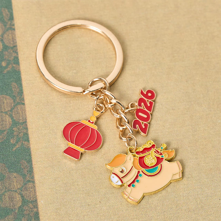 Buddha Stones "Hoping You Have a Joyful Year" Year of the Horse Lantern Copper Coin Fu Character Lucky Money Bag Alloy Key Chain Includes Gift Message Card - image 13