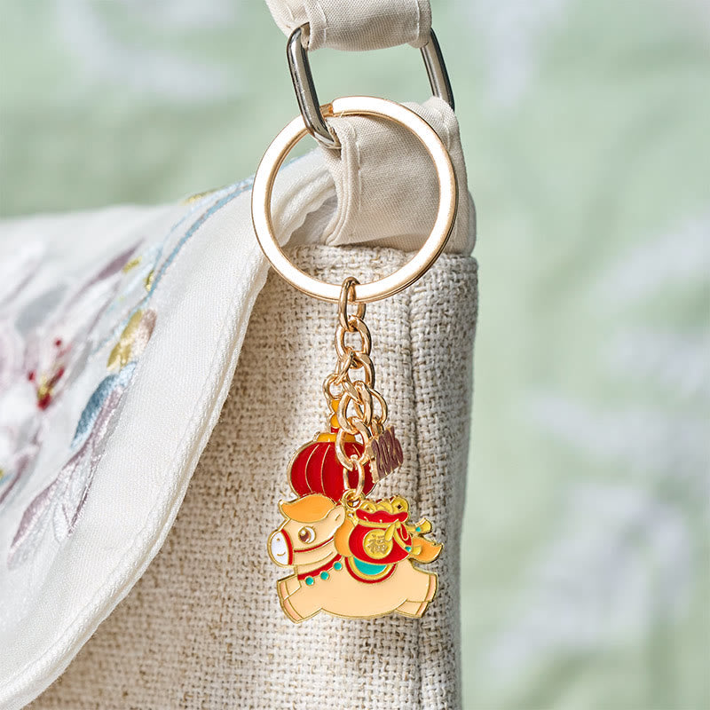 Buddha Stones "Hoping You Have a Joyful Year" Year of the Horse Lantern Copper Coin Fu Character Lucky Money Bag Alloy Key Chain Includes Gift Message Card - image 15
