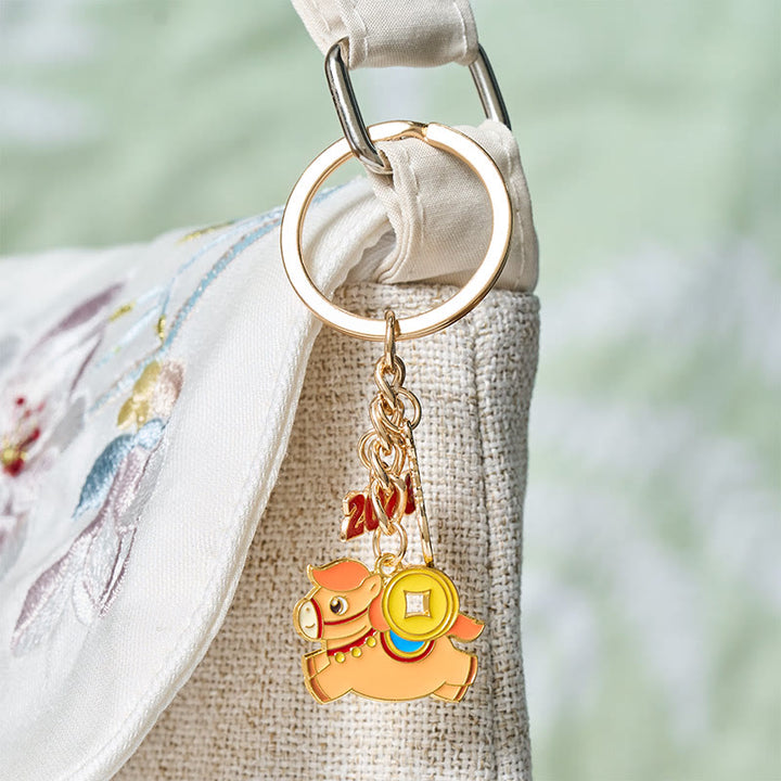 Buddha Stones "Hoping You Have a Joyful Year" Year of the Horse Lantern Copper Coin Fu Character Lucky Money Bag Alloy Key Chain Includes Gift Message Card - image 6