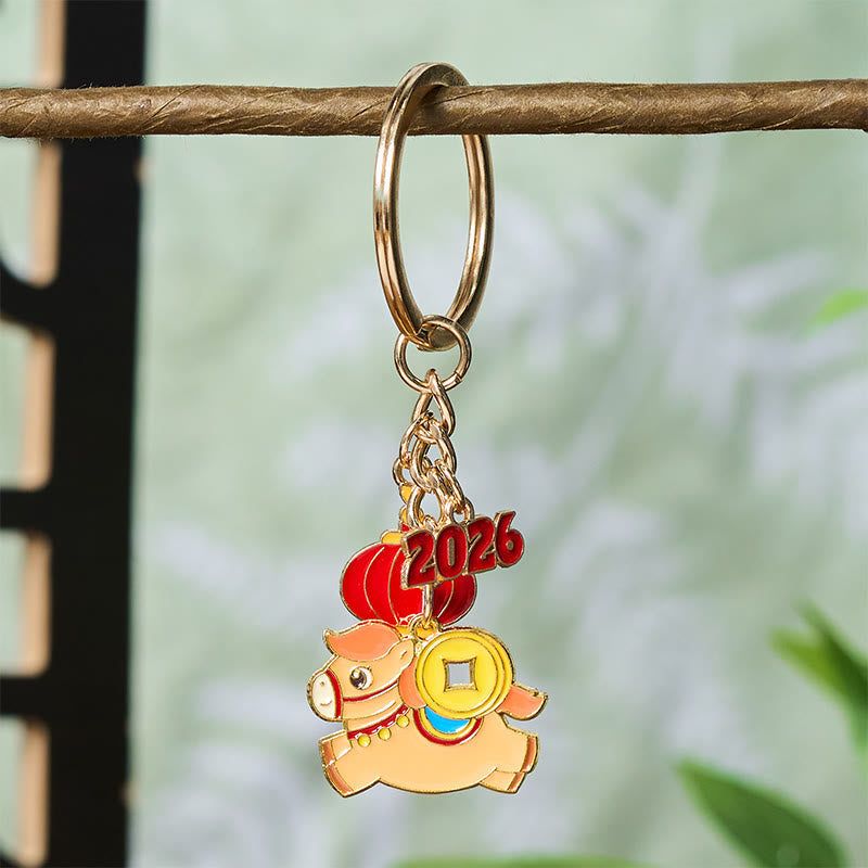 Buddha Stones "Hoping You Have a Joyful Year" Year of the Horse Lantern Copper Coin Fu Character Lucky Money Bag Alloy Key Chain Includes Gift Message Card - image 1