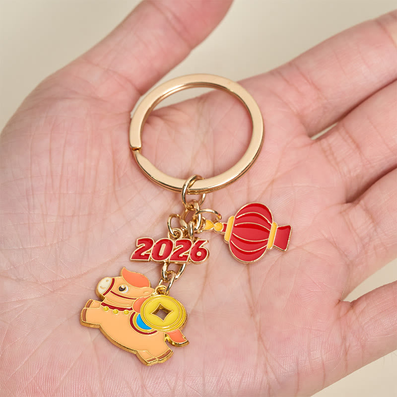 Buddha Stones "Hoping You Have a Joyful Year" Year of the Horse Lantern Copper Coin Fu Character Lucky Money Bag Alloy Key Chain Includes Gift Message Card - image 7
