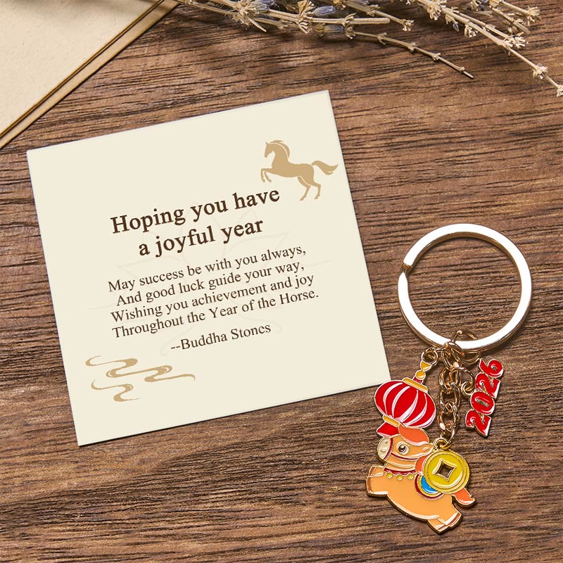 Buddha Stones "Hoping You Have a Joyful Year" Year of the Horse Lantern Copper Coin Fu Character Lucky Money Bag Alloy Key Chain Includes Gift Message Card - Copper Coin Horse 7.5*3cm - Standard Gift Box - image 0