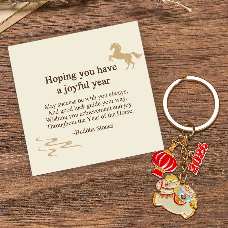 Buddha Stones "Hoping You Have a Joyful Year" Year of the Horse Lantern Fu Character Glutinous Rice Balls Bowl Gourd Alloy Key Chain Includes Gift Message Card - Reunion Horse 7.4*3cm - Standard Gift Box - image 0