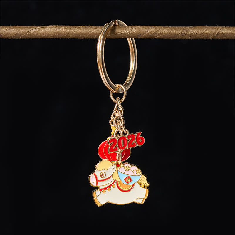 Buddha Stones "Hoping You Have a Joyful Year" Year of the Horse Lantern Fu Character Glutinous Rice Balls Bowl Gourd Alloy Key Chain Includes Gift Message Card - image 1