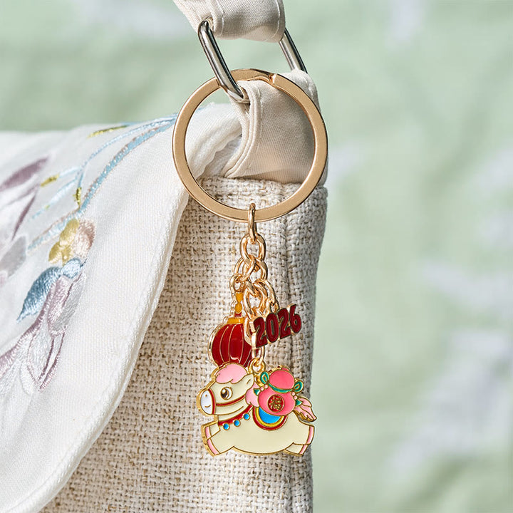 Buddha Stones "Hoping You Have a Joyful Year" Year of the Horse Lantern Fu Character Glutinous Rice Balls Bowl Gourd Alloy Key Chain Includes Gift Message Card - image 12