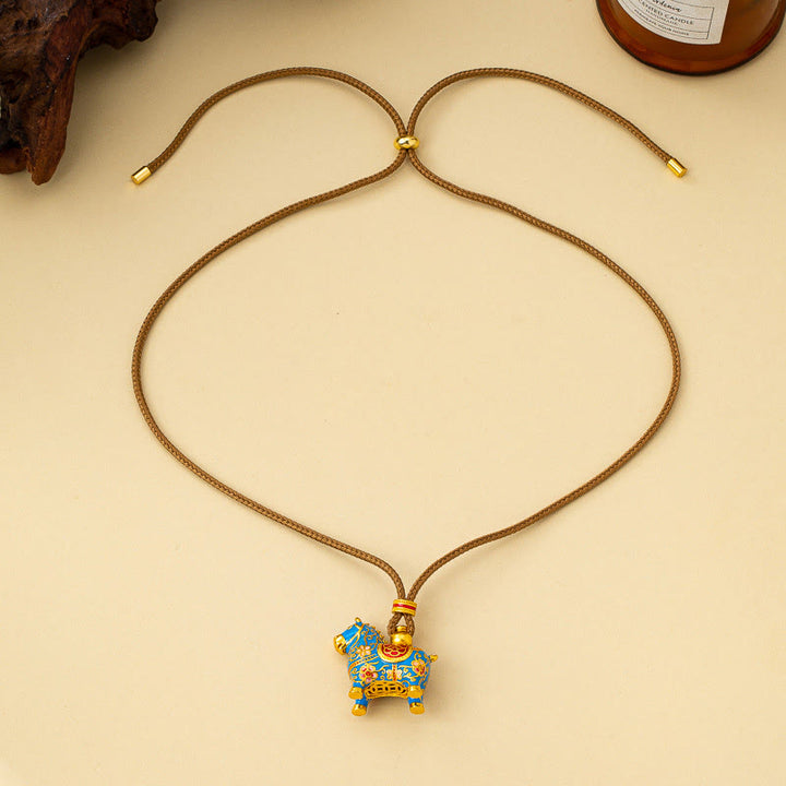 Buddha Stones Year Of The Horse Copper Wealth Necklace Pendants - Blue Horse - image 1