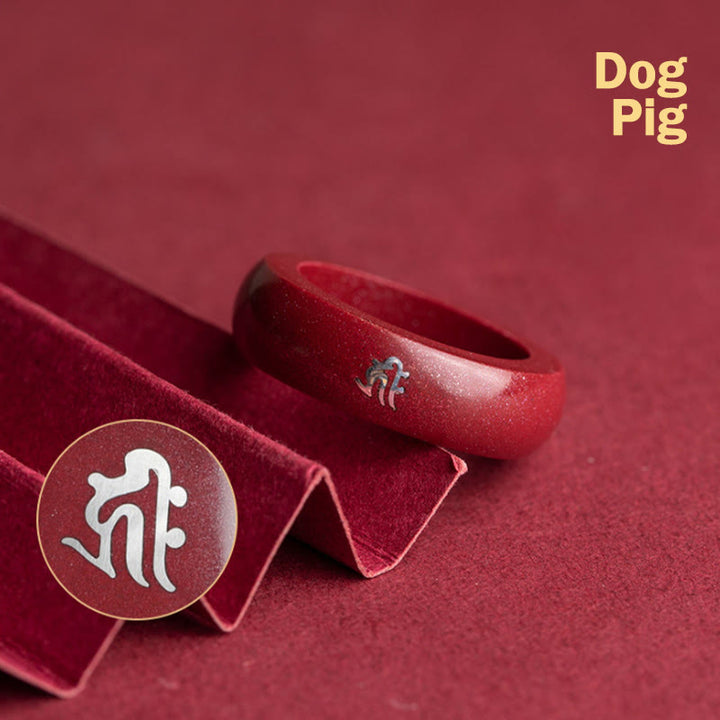 Buddha Stones Chinese Zodiac Year Of The Horse Cinnabar Blessing Ring - Cinnabar Dog Pig - 22mm - image 20