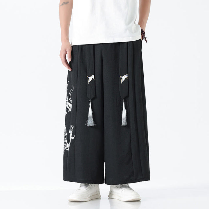 Buddha Stones Summer Dragon Drawstring Design Cotton Ankle-Length Men's Wide Leg Pants With Pockets - Black - US/UK/AU42，EU52 (3XL) - image 8