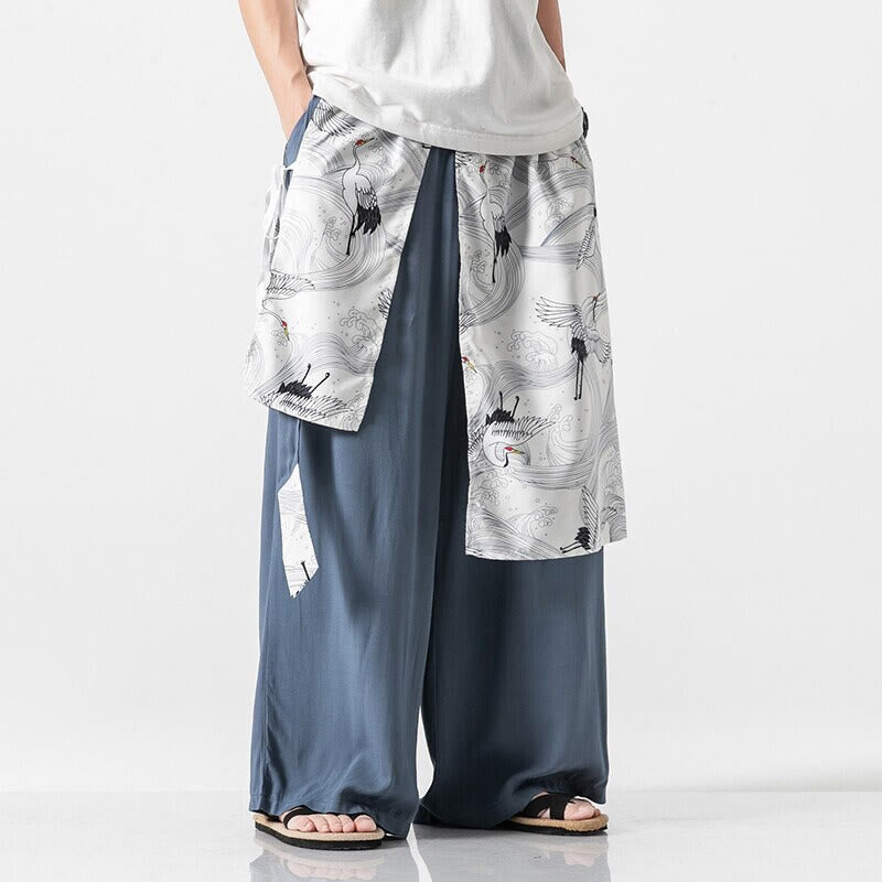 Buddha Stones Summer Flying Crane Design Cotton Men's Wide Leg Pants With Pockets - LightSteelBlue - US/UK/AU46，EU56 (5XL) - image 10