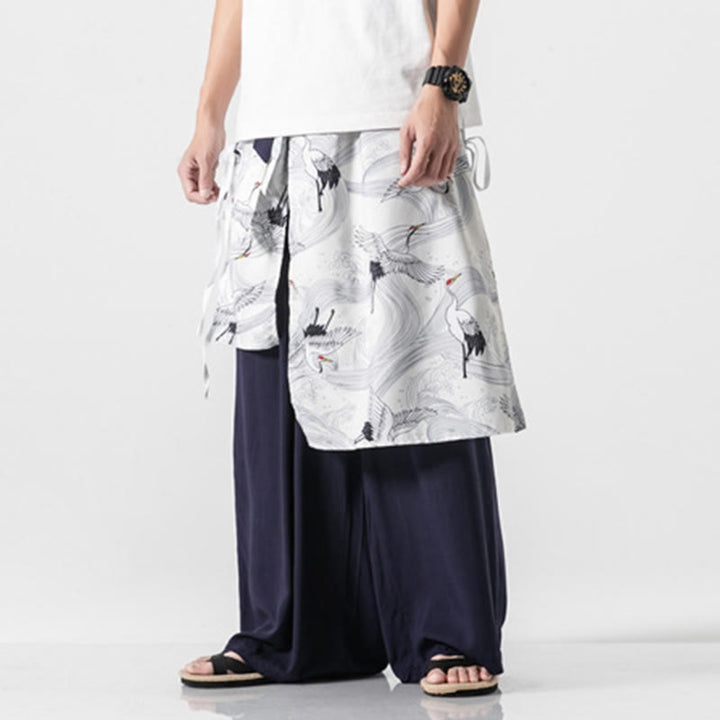 Buddha Stones Summer Flying Crane Design Cotton Men's Wide Leg Pants With Pockets - image 8
