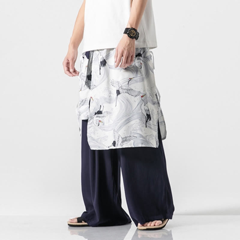 Buddha Stones Summer Flying Crane Design Cotton Men's Wide Leg Pants With Pockets - image 3
