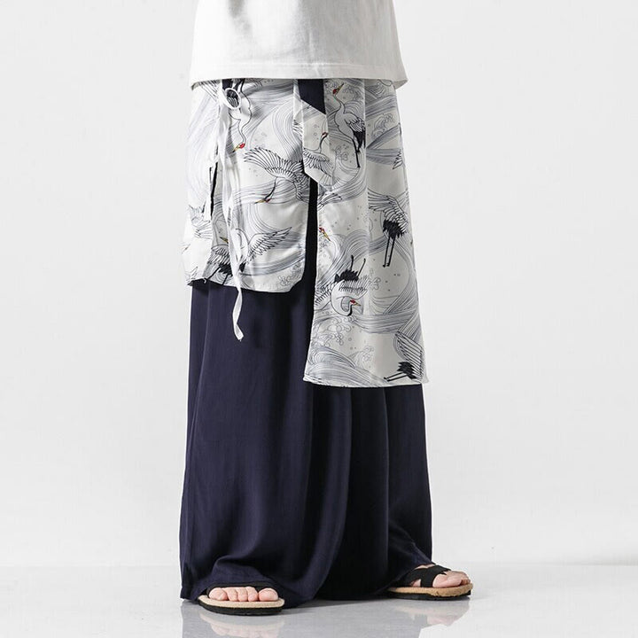 Buddha Stones Summer Flying Crane Design Cotton Men's Wide Leg Pants With Pockets - image 1