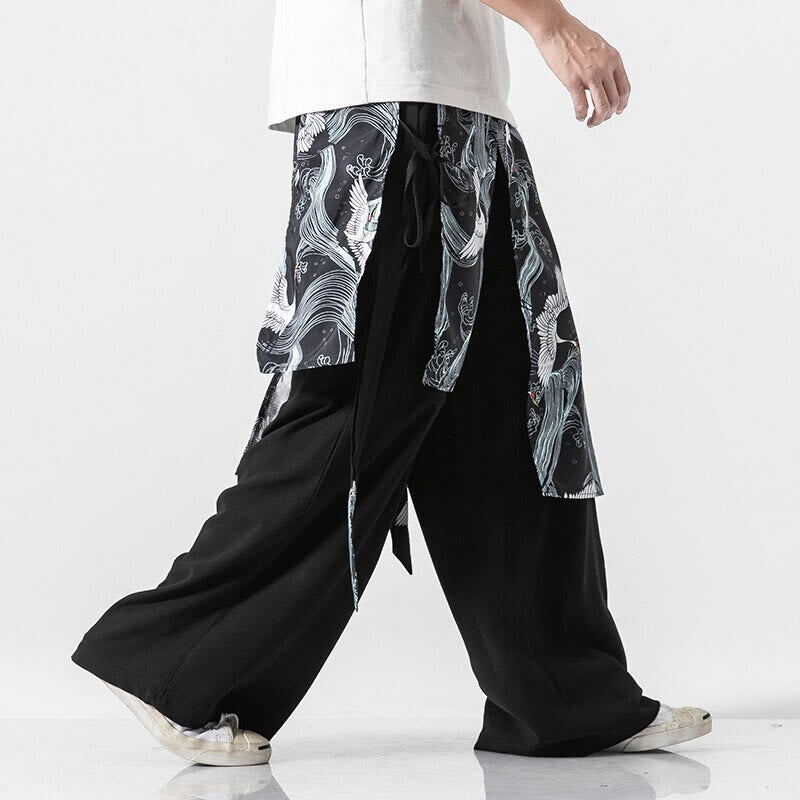 Buddha Stones Summer Flying Crane Design Cotton Men's Wide Leg Pants With Pockets - image 24