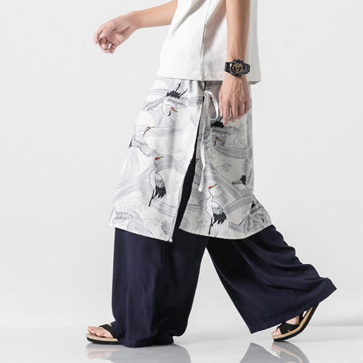 Buddha Stones Summer Flying Crane Design Cotton Men's Wide Leg Pants With Pockets - image 4