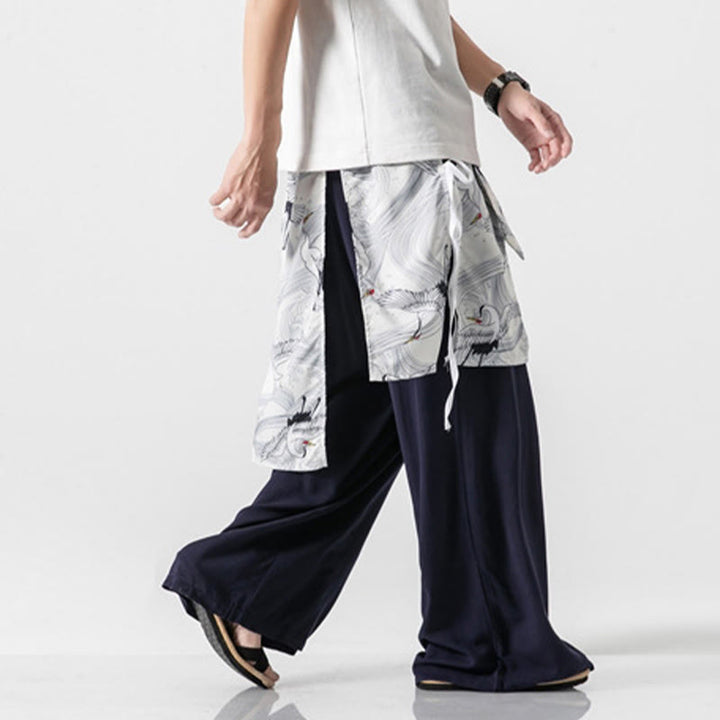Buddha Stones Summer Flying Crane Design Cotton Men's Wide Leg Pants With Pockets - image 5