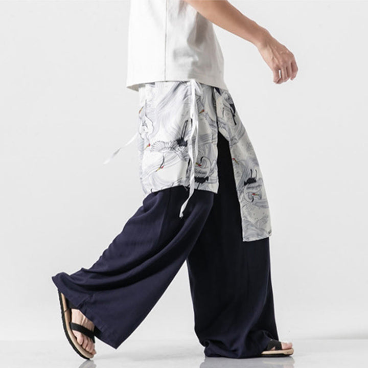 Buddha Stones Summer Flying Crane Design Cotton Men's Wide Leg Pants With Pockets - image 6