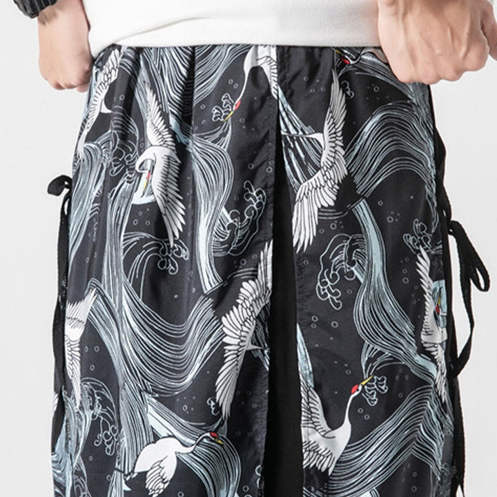 Buddha Stones Summer Flying Crane Design Cotton Men's Wide Leg Pants With Pockets - image 36