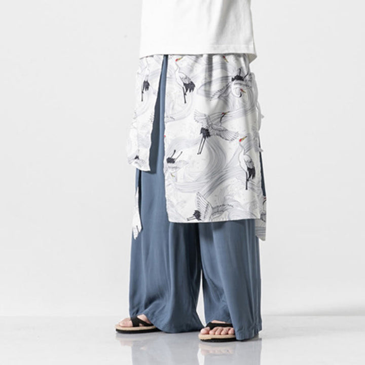 Buddha Stones Summer Flying Crane Design Cotton Men's Wide Leg Pants With Pockets - image 20