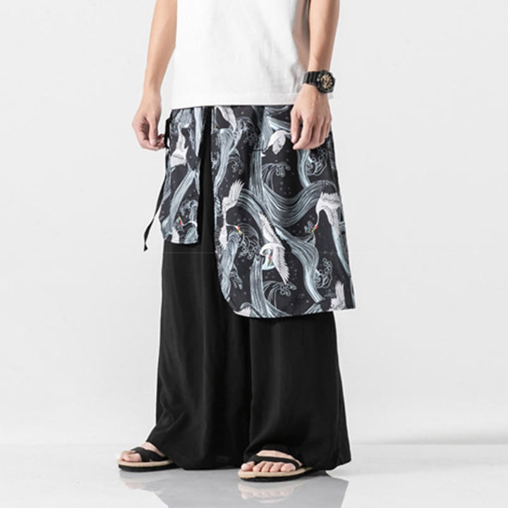 Buddha Stones Summer Flying Crane Design Cotton Men's Wide Leg Pants With Pockets - image 25