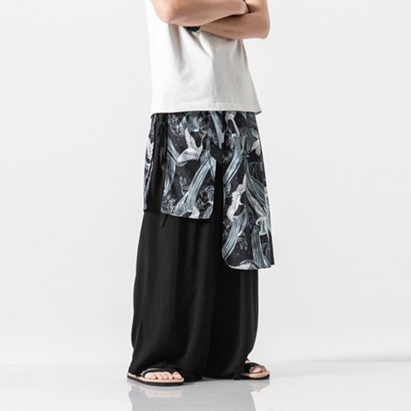 Buddha Stones Summer Flying Crane Design Cotton Men's Wide Leg Pants With Pockets - image 32