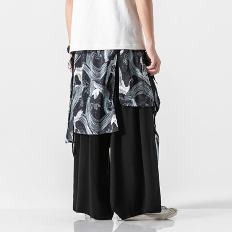 Buddha Stones Summer Flying Crane Design Cotton Men's Wide Leg Pants With Pockets - image 27