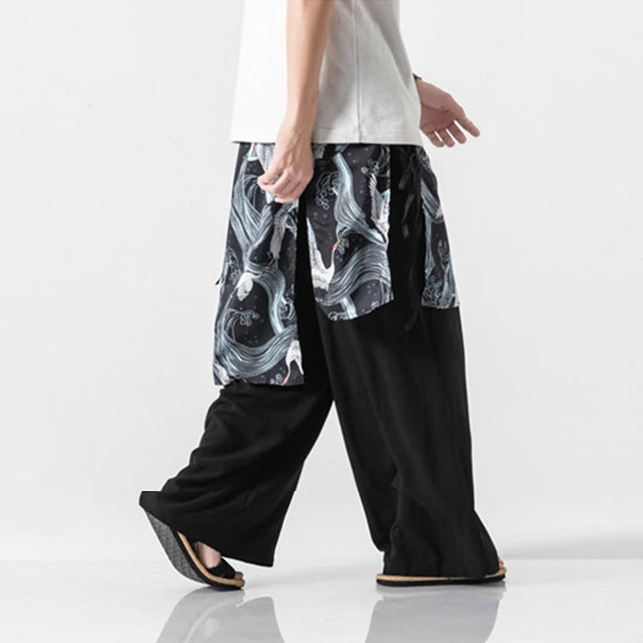 Buddha Stones Summer Flying Crane Design Cotton Men's Wide Leg Pants With Pockets - image 28