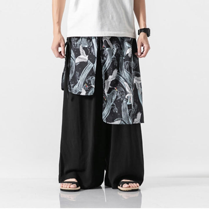 Buddha Stones Summer Flying Crane Design Cotton Men's Wide Leg Pants With Pockets - image 29