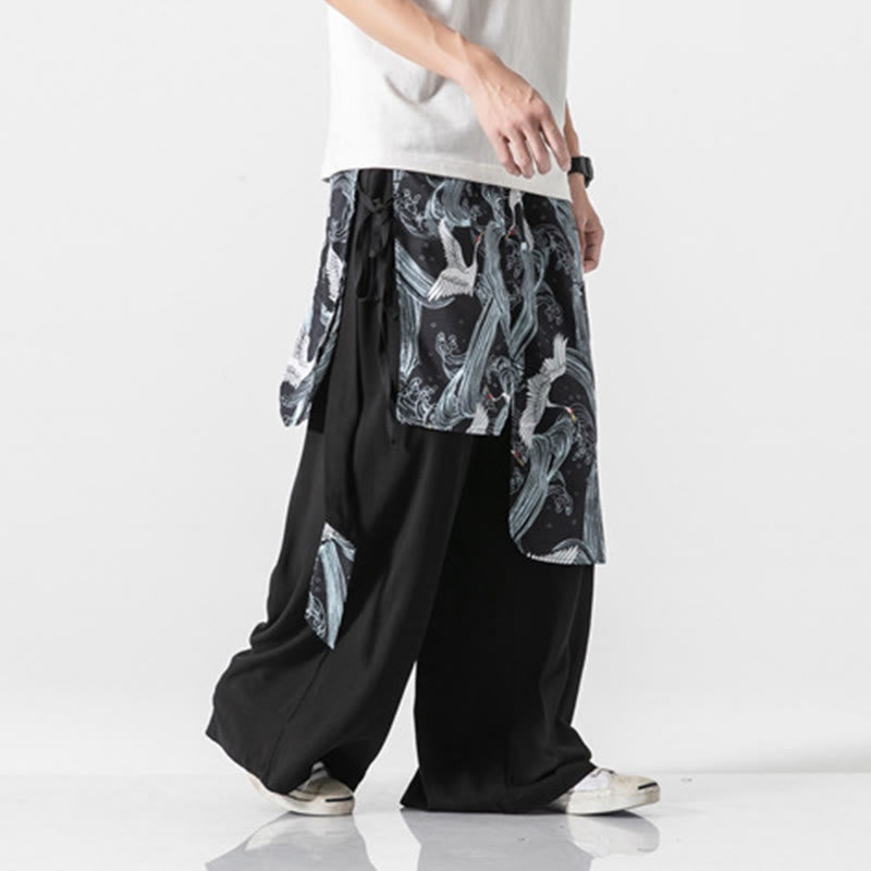 Buddha Stones Summer Flying Crane Design Cotton Men's Wide Leg Pants With Pockets - image 30