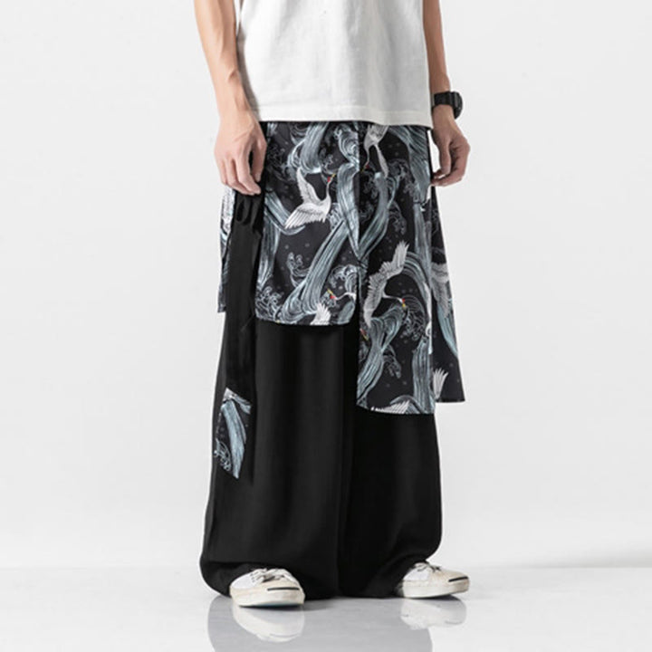 Buddha Stones Summer Flying Crane Design Cotton Men's Wide Leg Pants With Pockets - image 26