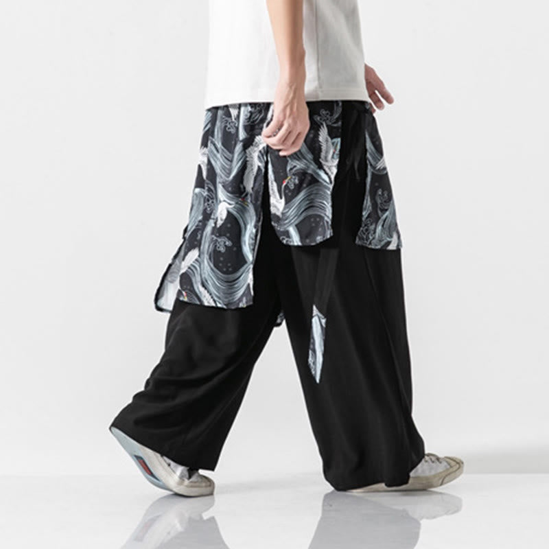 Buddha Stones Summer Flying Crane Design Cotton Men's Wide Leg Pants With Pockets - image 31