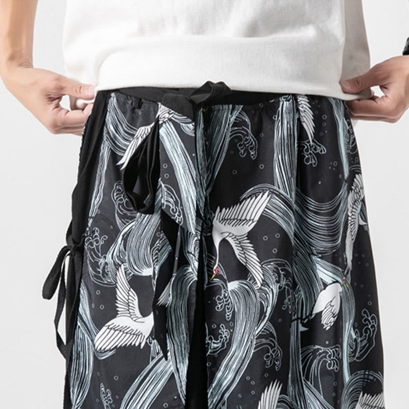 Buddha Stones Summer Flying Crane Design Cotton Men's Wide Leg Pants With Pockets - image 34