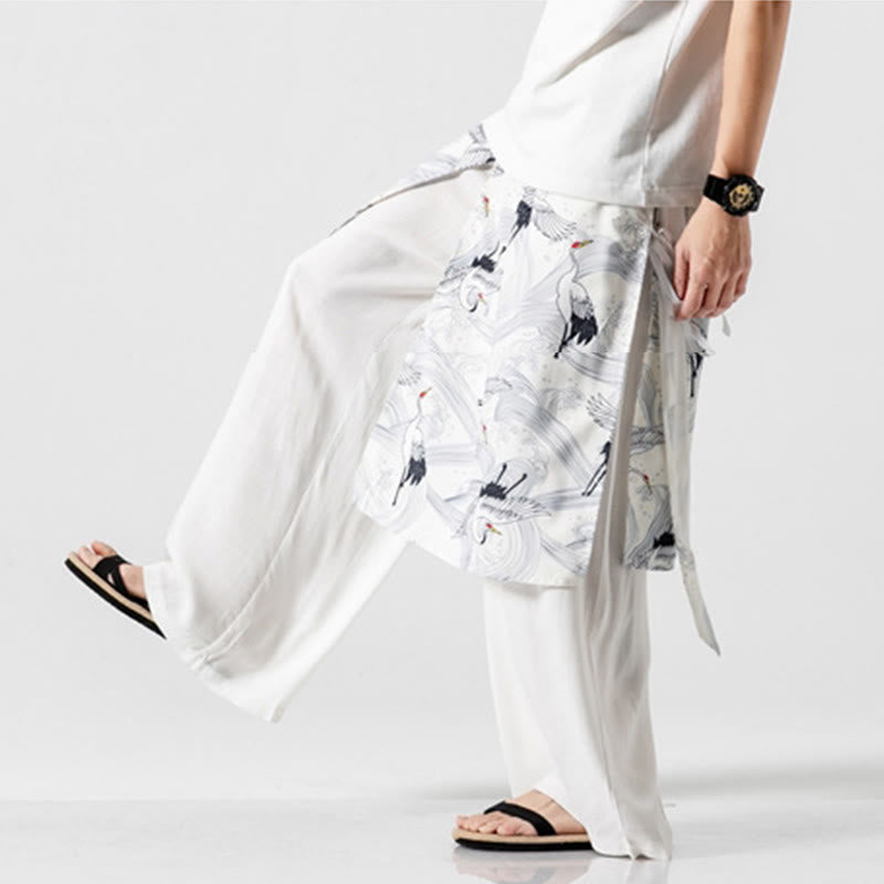Buddha Stones Summer Flying Crane Design Cotton Men's Wide Leg Pants With Pockets - image 49
