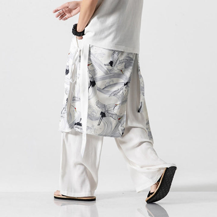 Buddha Stones Summer Flying Crane Design Cotton Men's Wide Leg Pants With Pockets - image 43