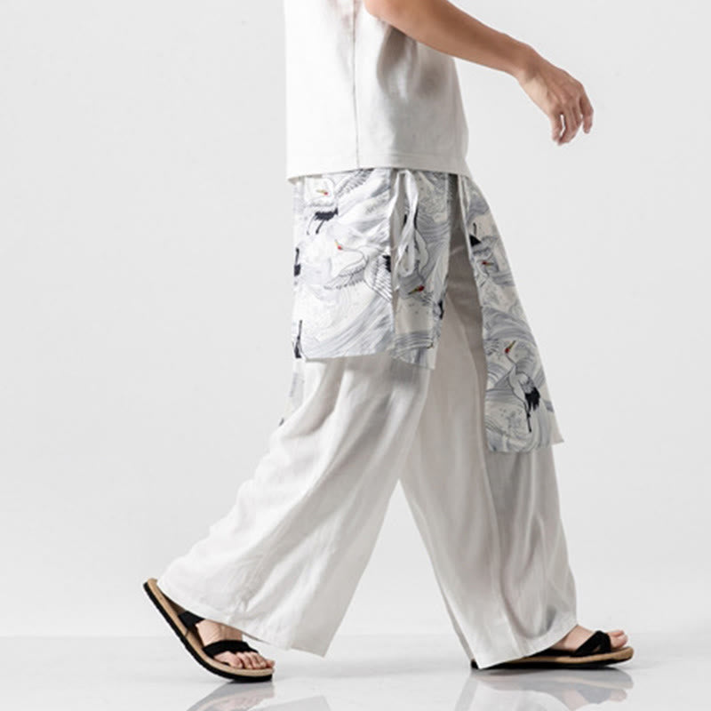 Buddha Stones Summer Flying Crane Design Cotton Men's Wide Leg Pants With Pockets - image 46