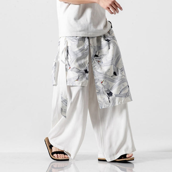 Buddha Stones Summer Flying Crane Design Cotton Men's Wide Leg Pants With Pockets - image 39