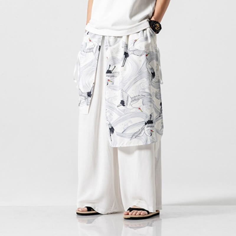 Buddha Stones Summer Flying Crane Design Cotton Men's Wide Leg Pants With Pockets - image 48