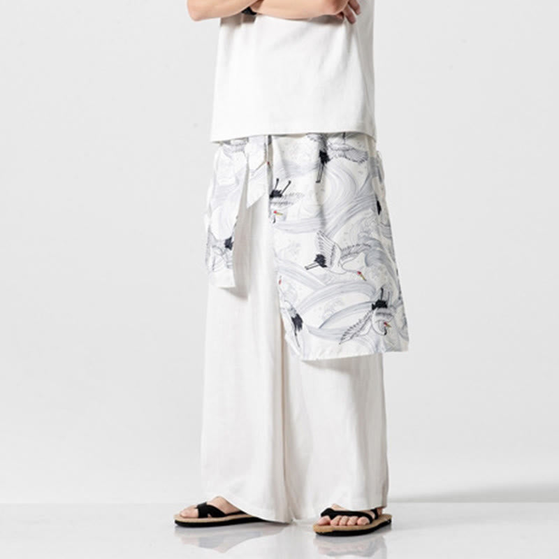 Buddha Stones Summer Flying Crane Design Cotton Men's Wide Leg Pants With Pockets - image 45