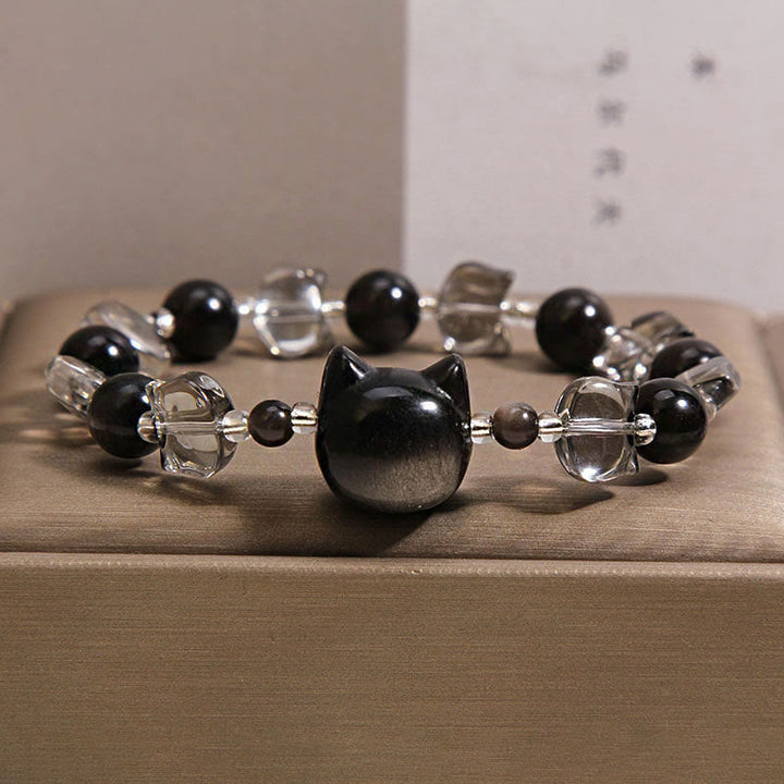 Buddha Stones Black Obsidian Cat Head Purification Strength Bracelet - Black Obsidian(Wrist Circumference: 14-16cm) - image 0