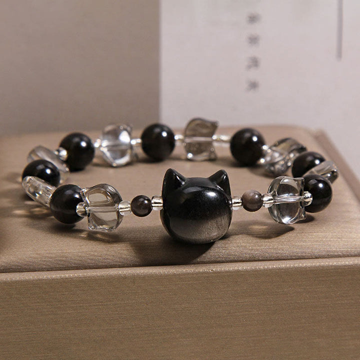 Buddha Stones Black Obsidian Cat Head Purification Strength Bracelet - image 5