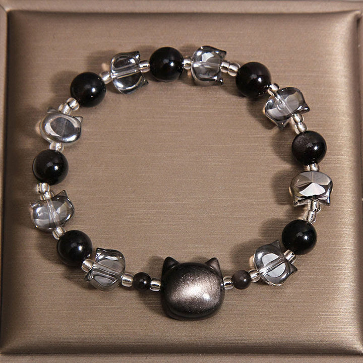 Buddha Stones Black Obsidian Cat Head Purification Strength Bracelet - image 3